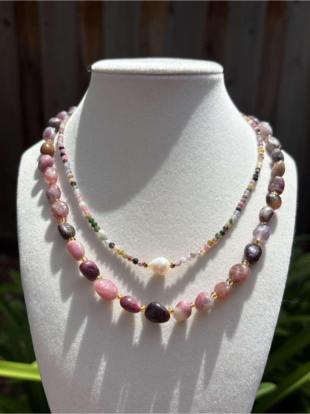 Multi-Tone Pink Tourmaline and Gold Bead Layered Necklace